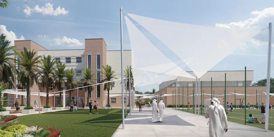 3D Visualisation showing the Primary school alongside the Multi Purpose Hall with some outdoor sports fields and a athway towards it with large canopies for shade.