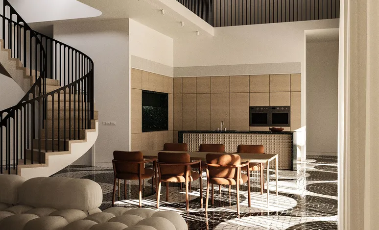 Modern interior design, open space with dining table and chairs in the center of the room, kitchen behind it, staircase to second floor right next to dining area, dark metal spiral stair, warm light, beige furniture, black and white wave mosaic floor tiles.