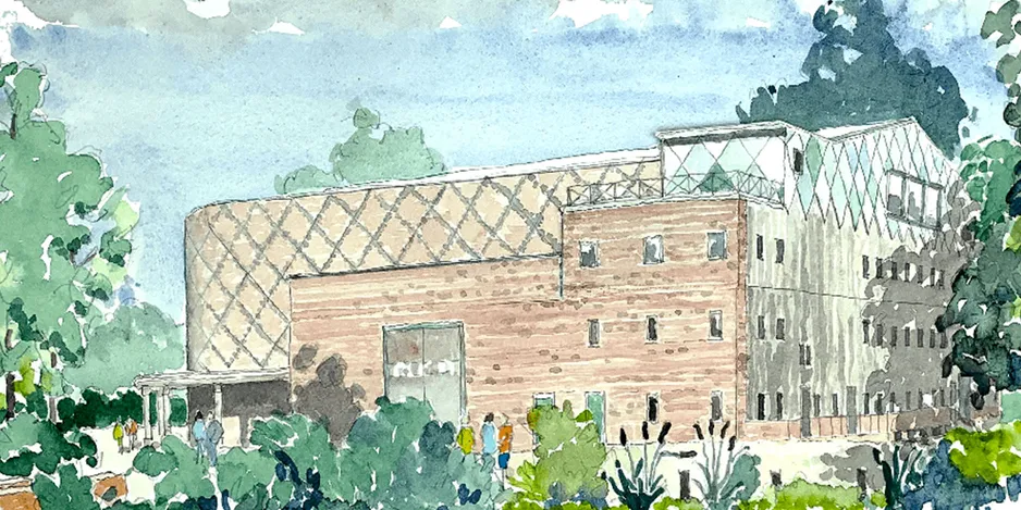 Watercolour visualisaiton of the read extension to the opera house where the cladding panels coloured in the hues of green and blues blend with the surroudning.