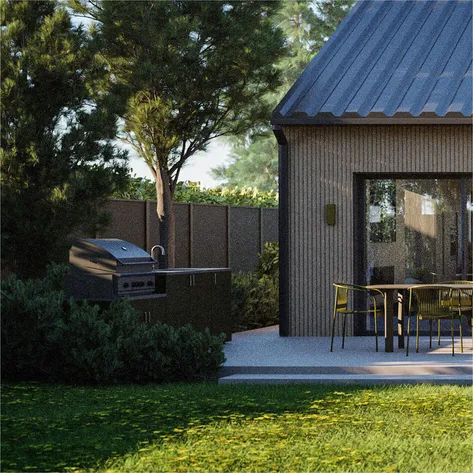  A modern outdoor area featuring a compact outdoor kitchen with a barbecue grill and a sink, set against a wooden privacy fence and surrounded by lush greenery and mature trees.