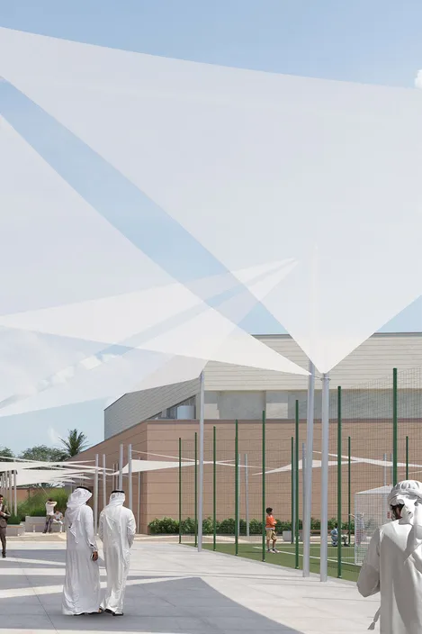 3D Visualisation showing a part of the Multi-Purpose Hall in the background and a pathway with shaded canopies in the foreground.