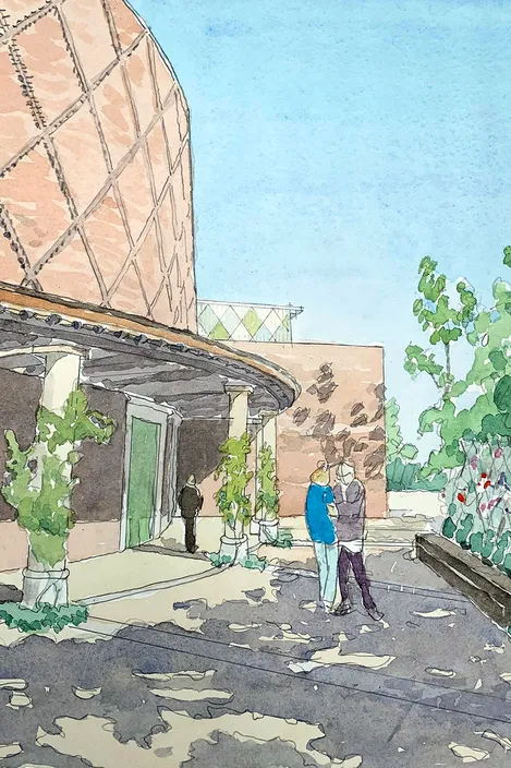 Watercolour visualisation of the entracne to the opera house from the eye-level perspective showing the extension barely visible in the background.