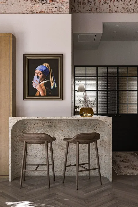 Kitchen with carved stone peninsula, dark wooden bar stools, 'Girl with a Pearl Earring' painting, and an old brick ceiling.