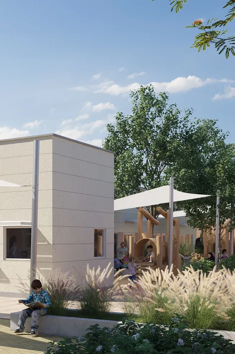 3D Visualisation showing a part of the playground area for teh kindergarten alongside the light cream walls of the kindergarten building. In fron of it a small child reads a newspaper.