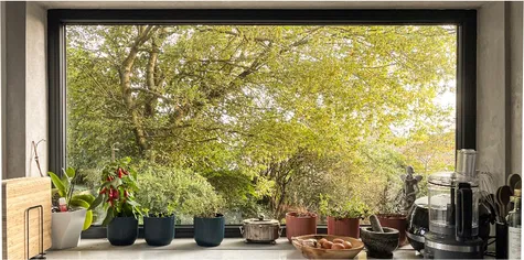 Kitchen view to a sunlit green garden through a large window, with bowls, herbs, and cutting boards on the counter.