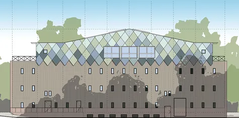 Real coloured elevation of the rear extension to the Grange Park Summer Opera House. Shadows of trees are cast on the elevation.