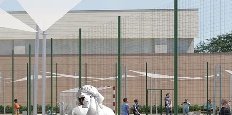 3D Visualisation showing sportfields with the Sports Hall Multi Purpose Hall in the background.