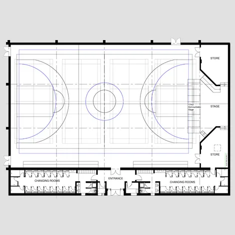 Floor Plan of the Sports Hall - Multi-purpose Hall showing the range of sports that can be played inside inclusibe of stage for theatre performances.