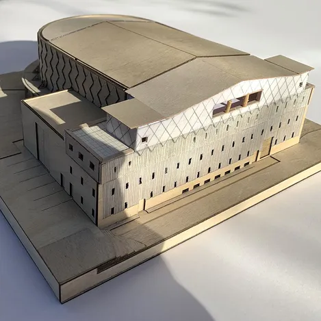 Physical model of the rear extension to the opera house. It is made by lasercutting thin wooden boards.