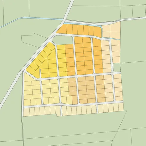 A site plan showcasing a planned housing development with plots of various sizes marked in shades of yellow and orange, arranged along a grid of roads surrounded by greenery.