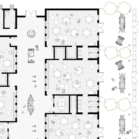 Part of the floor plan of the kindergarten showing classroom distribution, private outdoor playground for the students, group study rooms and indoor playground inside the wide corridor space.