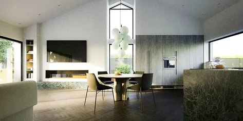 An elegant and minimalist interior featuring a dining area with a circular table and modern chairs, framed by large windows that let in ample natural light, with a striking bubble chandelier above.