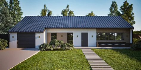 The front façade of a modern single-storey house with a metal roof, a garage on one side, and large windows. The entrance is connected to the driveway by a stepping stone pathway through a well-maintained lawn.