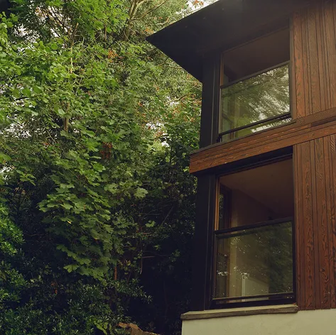 The exterior of a contemporary two-storey house with wooden cladding, large windows, and surrounded by dense green foliage.