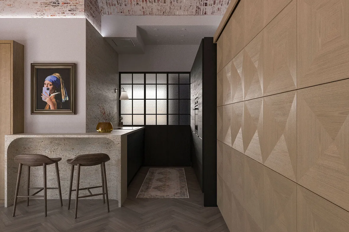 Kitchen with carved stone peninsula, dark wooden bar stools, 'Girl with a Pearl Earring' painting, and an old brick ceiling.