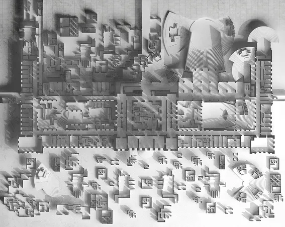 A shaded plan of a building that depicts a new social space where library, educational facilities and theatre interwine. It is a student project from the university - Architectural Association.