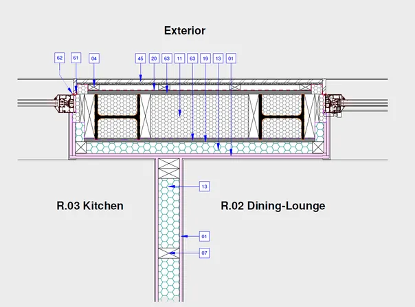 A technical architectural detail of a timber sturcture external wall. It shows how the wall is constructed with all its layers.